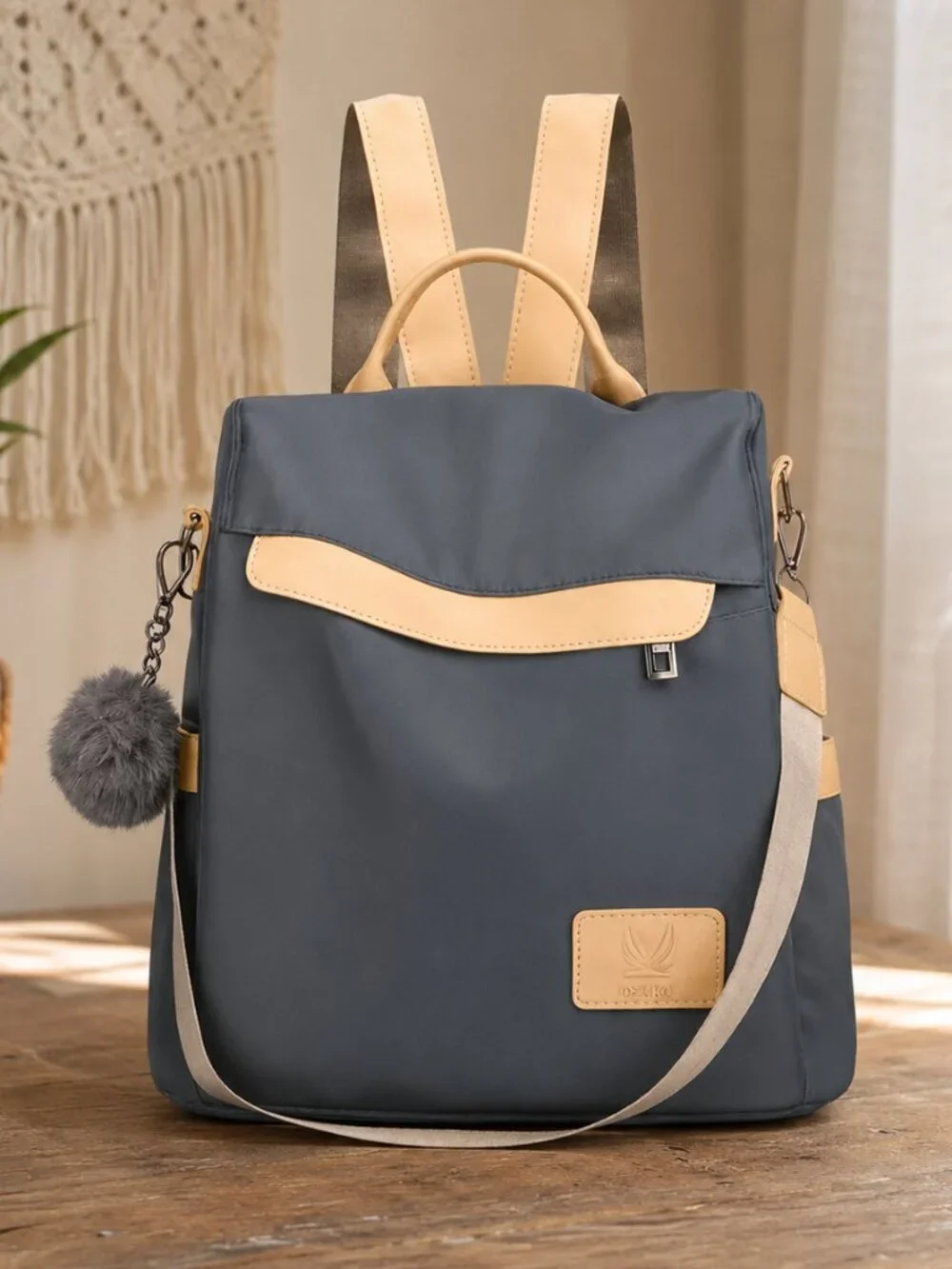 Convertible Nylon Backpack Purse Anti Theft Charcoal Gray Beige Pom Pom Travel